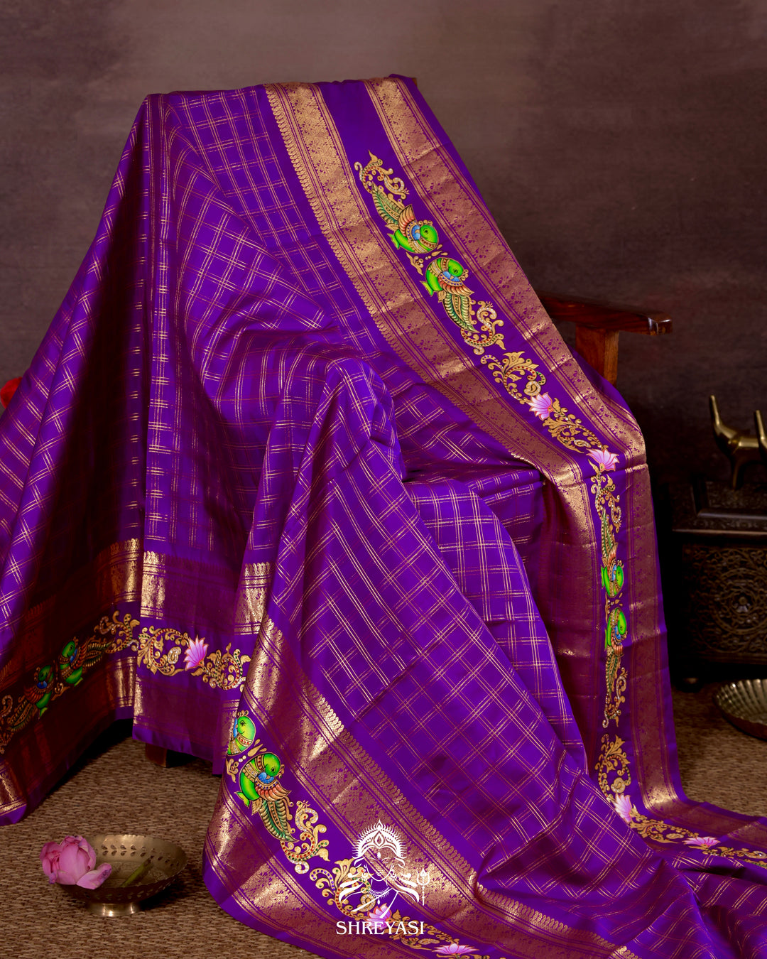 Handloom Pure Kanjivaram Silk Saree in Real Zari with Tanjore Kili and Kamalam Artwork