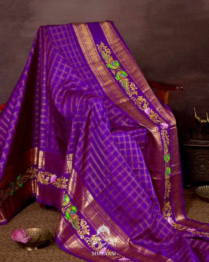 Handloom Pure Kanjivaram Silk Saree in Real Zari with Tanjore Kili and Kamalam Artwork
