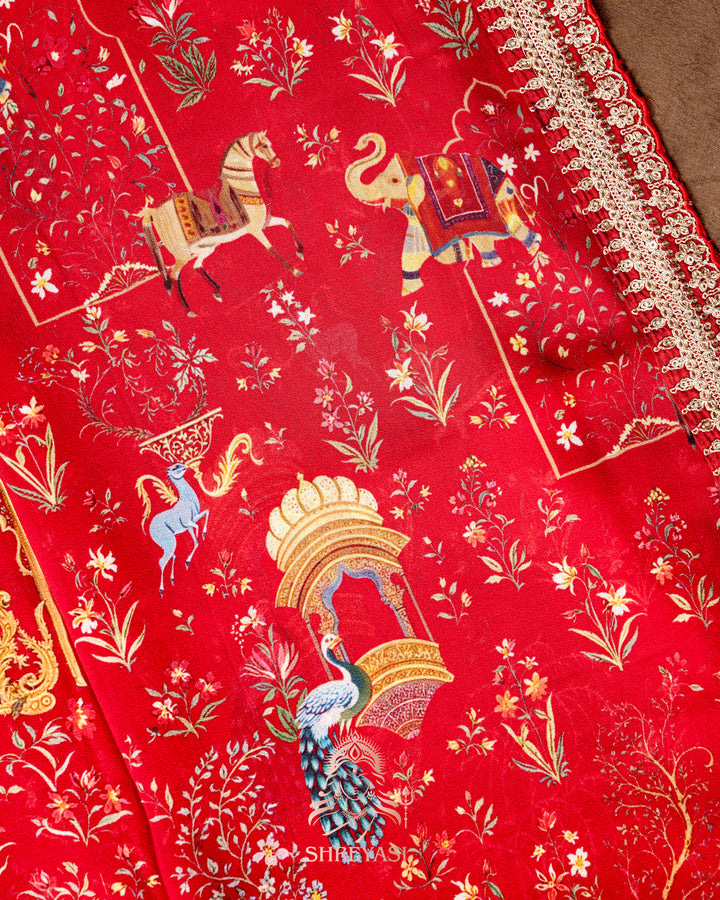 Mughal Garden Print Crepe Chinon Saree with Embroidered Border