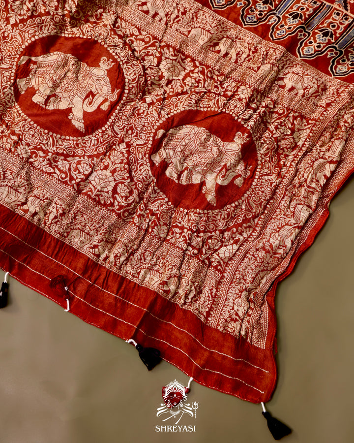 Hand Block Printed Ajrakh Dola Silk Saree with Zari Brocade Blouse