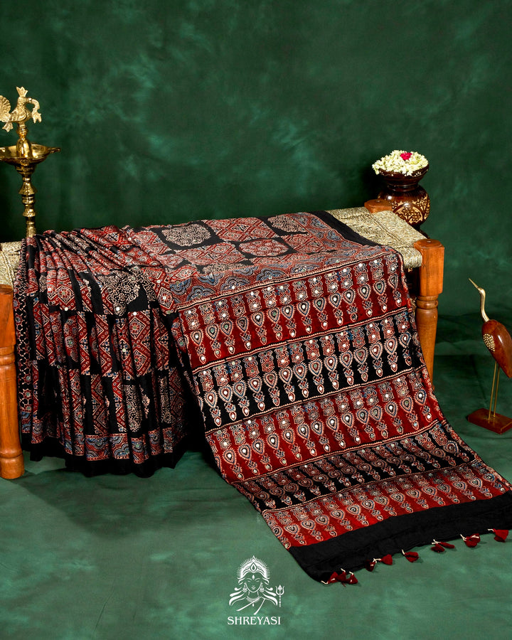 Mirror Work Pure Modal Silk Ajrakh Hand Block Printed Saree | Naturally Dyed Artisan Collection