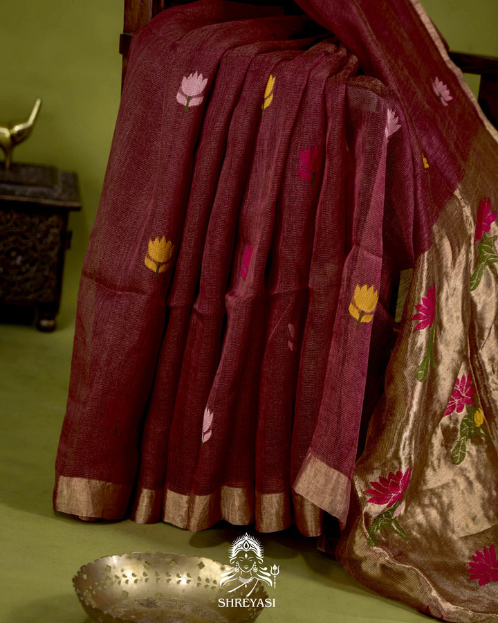 Handloom Silk Linen Jamdani Saree with Tissue Paithani Pallu