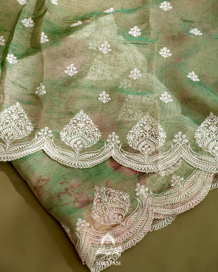 Handloom Pure Crushed Ektara Tissue Silk Saree with Floral Print and Scallop Embroidery