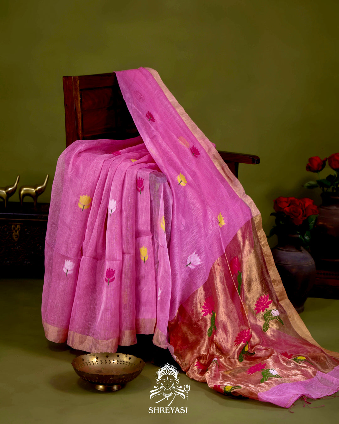 Handloom Silk Linen Jamdani Saree with Tissue Paithani Pallu