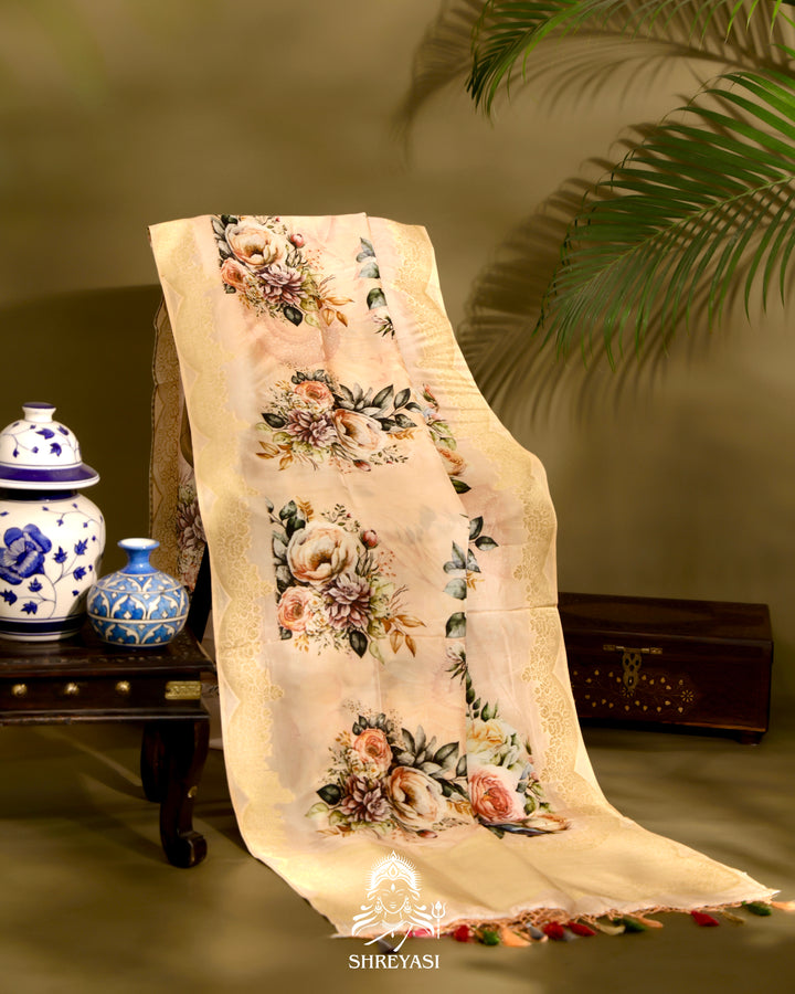 Banarasi Chiniya Silk Saree with Floral Body and Scalloped Zari Border