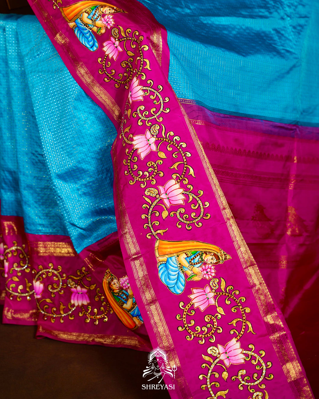 Traditional Tanjore Painting on Handloom Pure Kanjivaram Silk Sarees with Real Zari