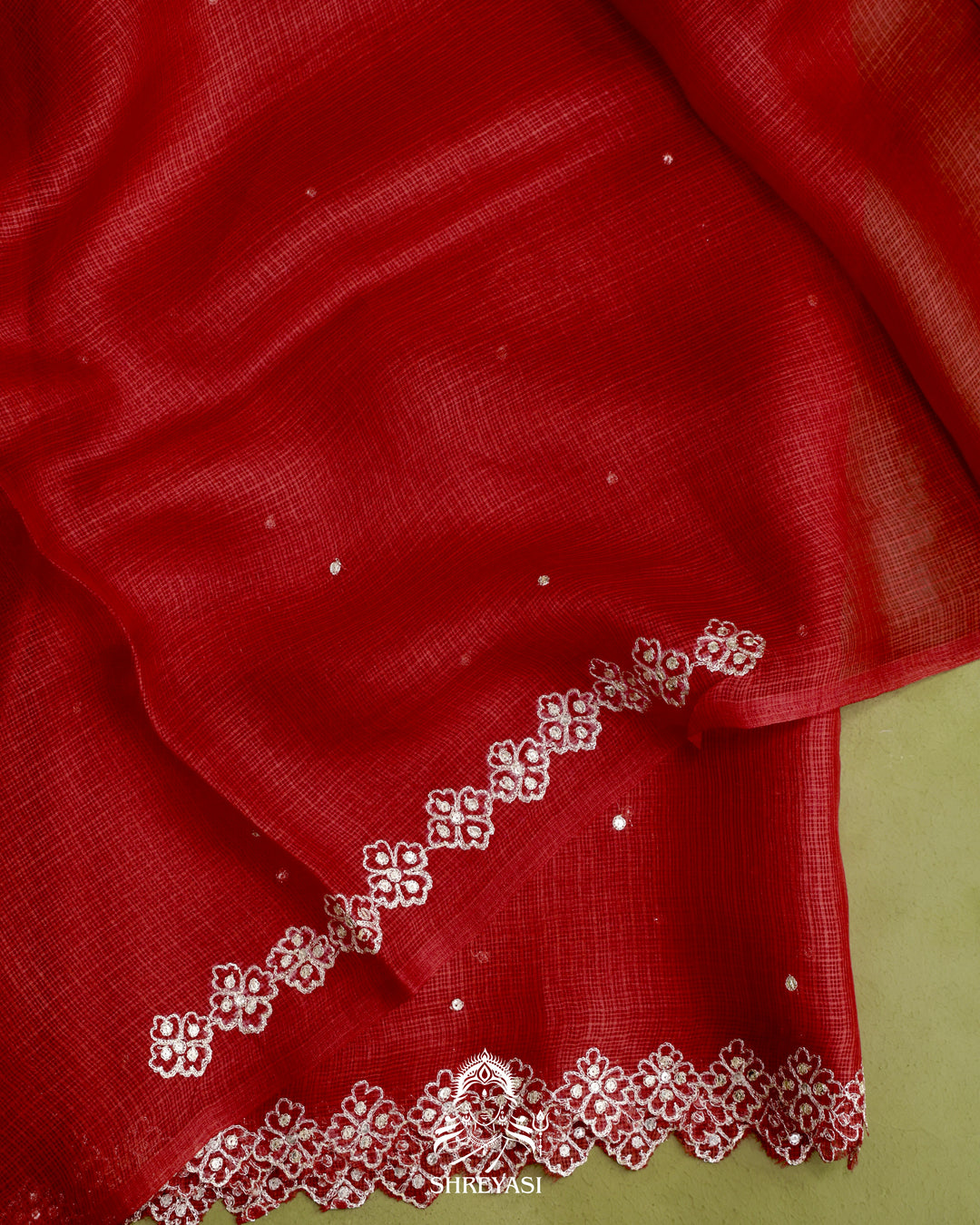 Handloom Pure Tussar Kota Saree with Scalloped Pitta Embroidery Border