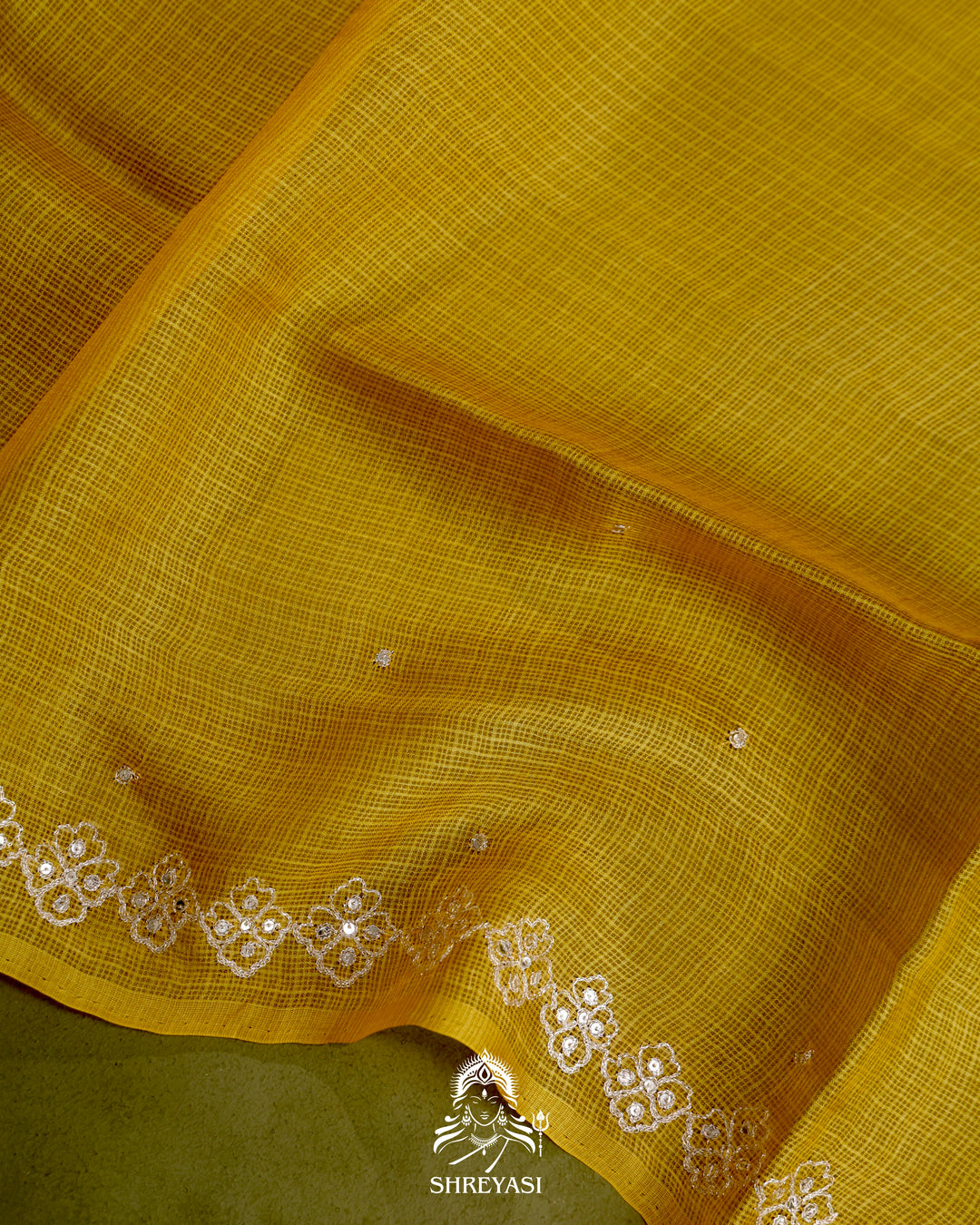 Handloom Pure Tussar Kota Saree with Scalloped Pitta Embroidery Border