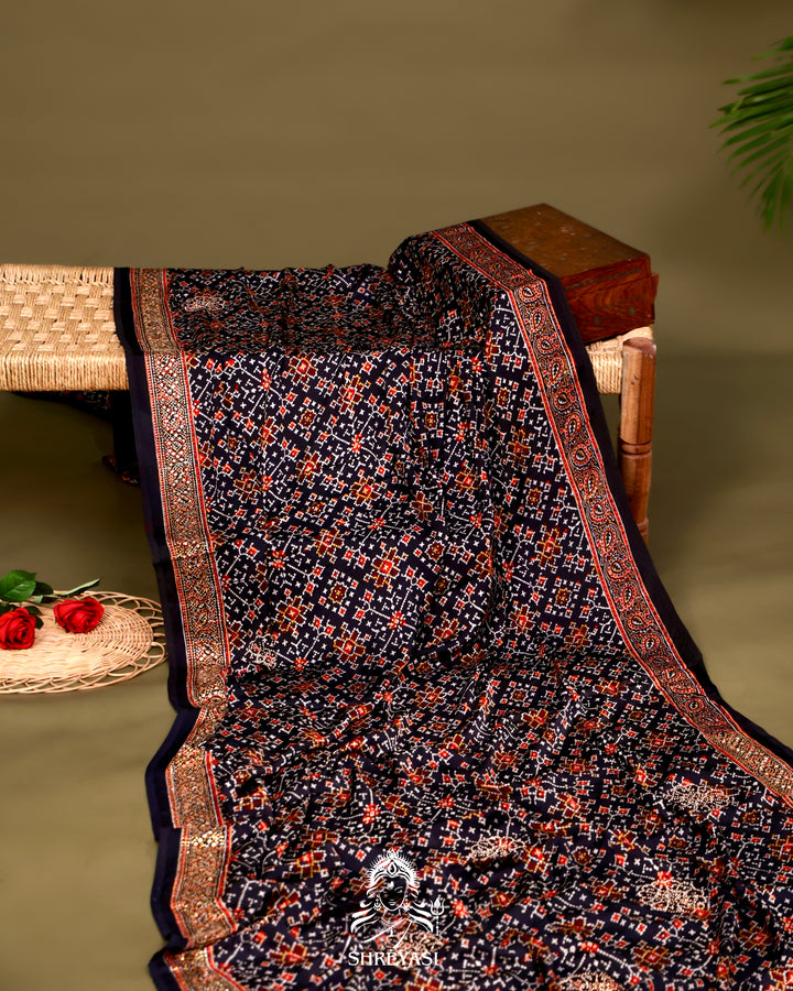 Pure Modal Silk Ajrakh Saree with Swarovski Crystal Embroidery