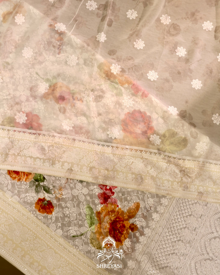 Georgette floral saree with chikankari embroidery
