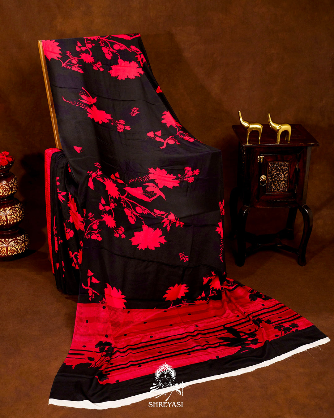 Pure Crepe Floral Saree in Black and Scarlet Red