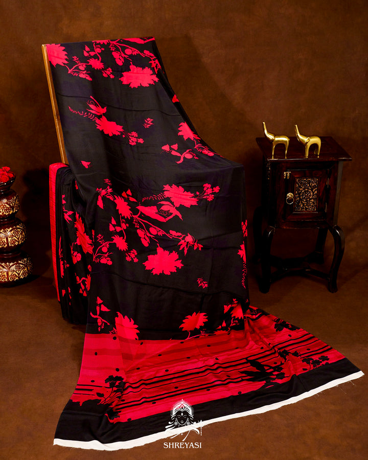 Pure Crepe Floral Saree in Black and Scarlet Red