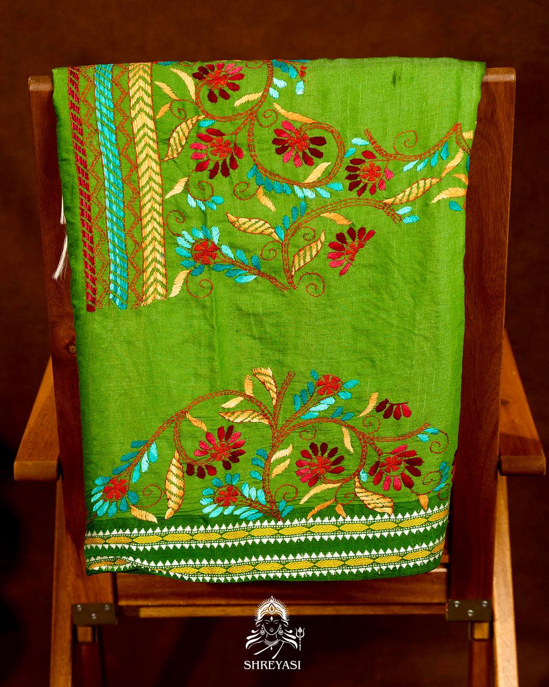Handloom Pure Vidarbha Tussar Silk Saree with Karvati Kinar Border and Kantha Embroidery