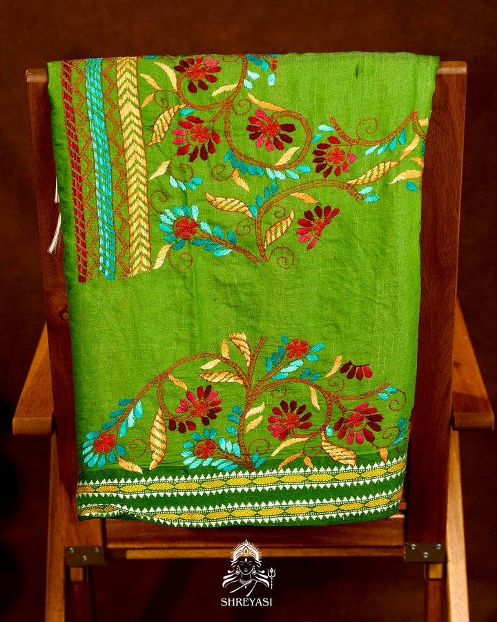 Handloom Pure Vidarbha Tussar Silk Saree with Karvati Kinar Border and Kantha Embroidery