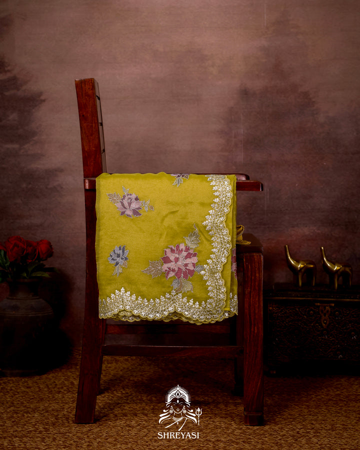 Pure Tissue Silk Saree with Floral Threadwork and Pita Embroidered Border