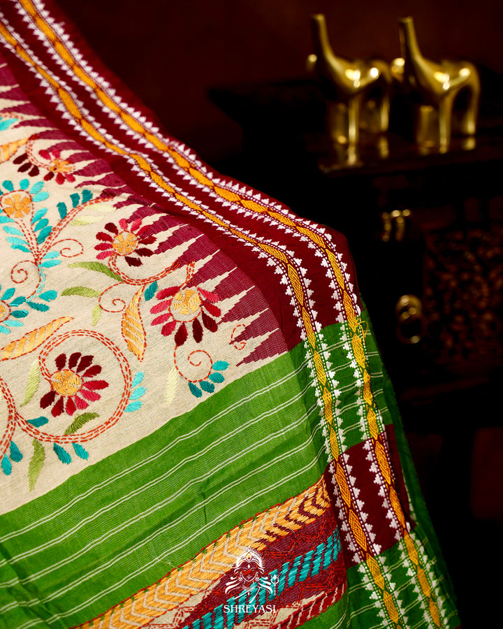 Handloom Pure Vidarbha Tussar Silk Saree with Karvati Kinar Border and Kantha Embroidery