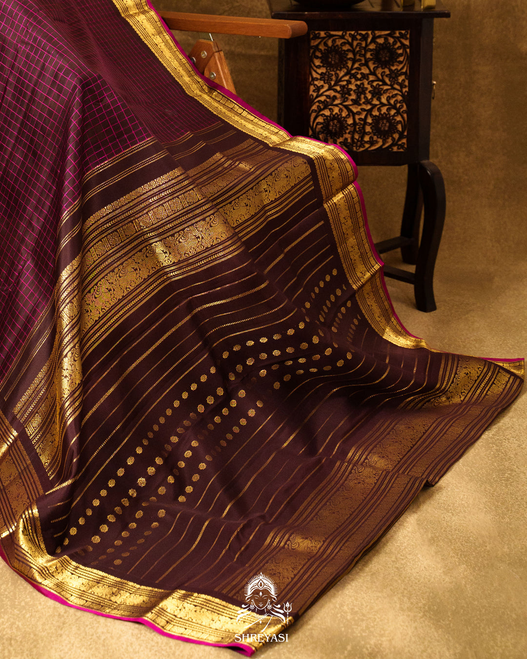 Vintage Style Kanjivaram Silk Saree with Kattam Checks & Small Borders