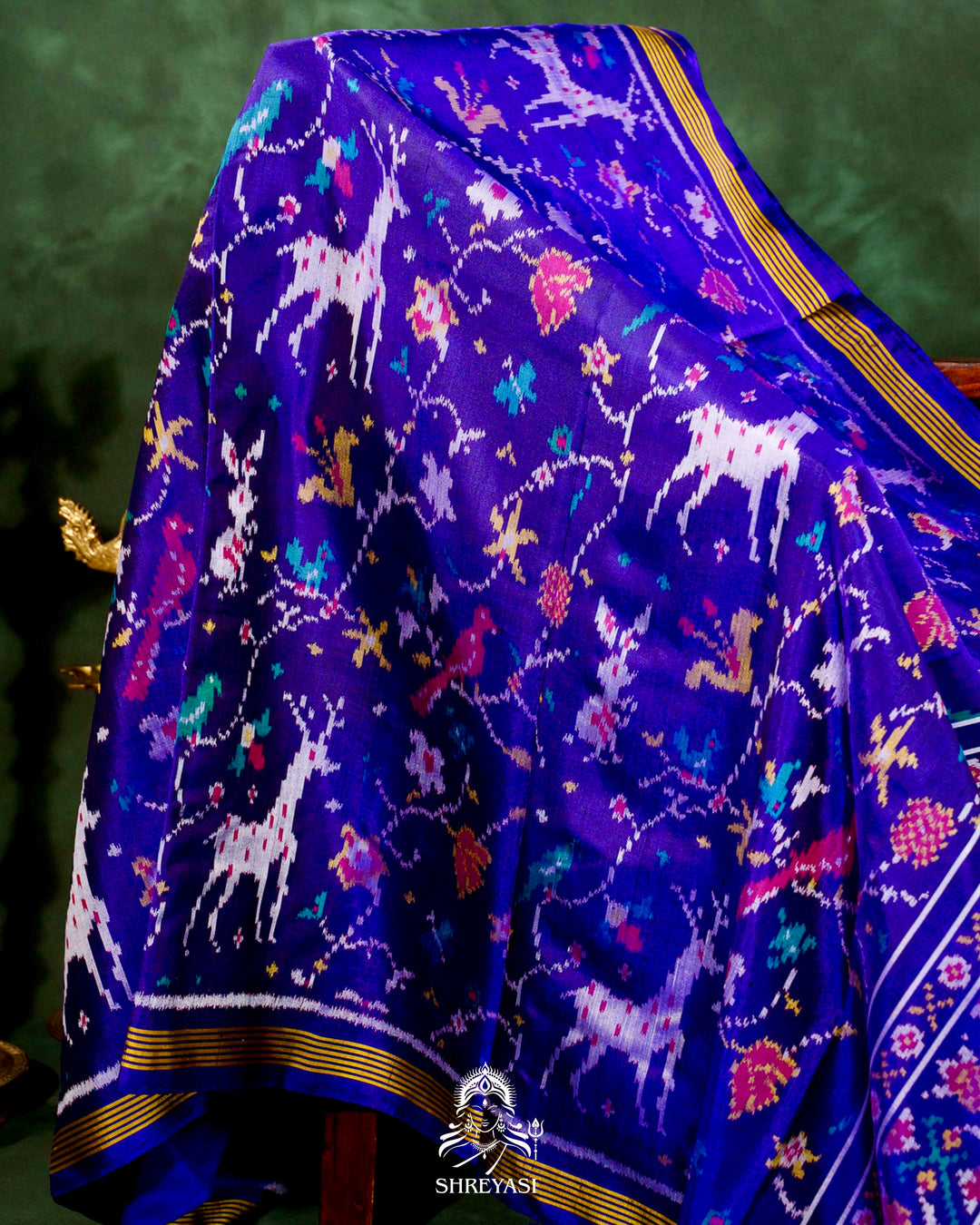 Handloom Pure Rajkot Single Ikat Patola Silk Saree with Hand-Embroidered Raw Silk Blouse