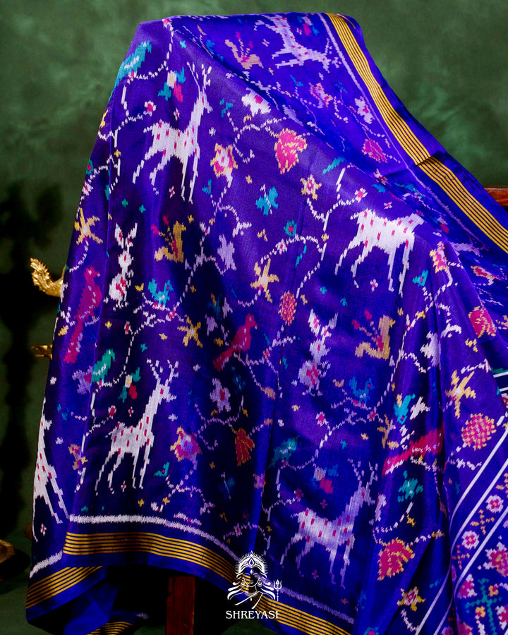 Handloom Pure Rajkot Single Ikat Patola Silk Saree with Hand-Embroidered Raw Silk Blouse