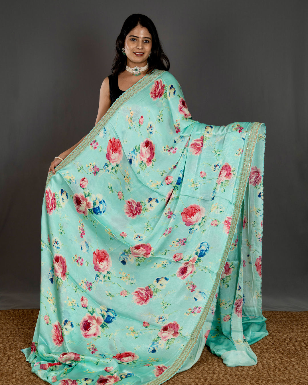 Pure Chinon Satin Saree with Floral Print and Embroidered Borders