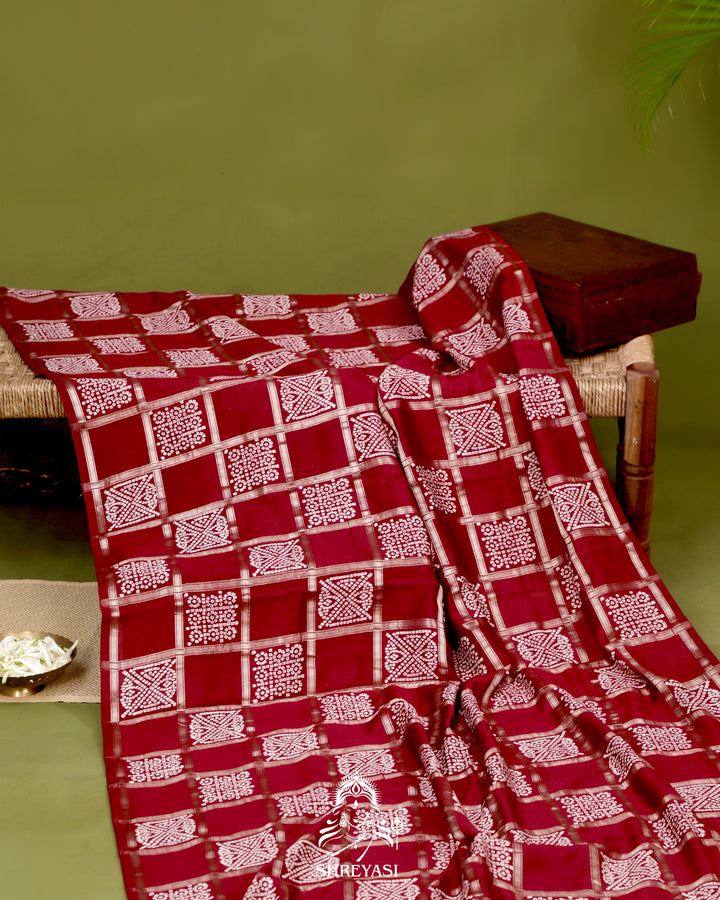 Gharchola-Style Bandhini Matka Silk Saree with Zari Checks
