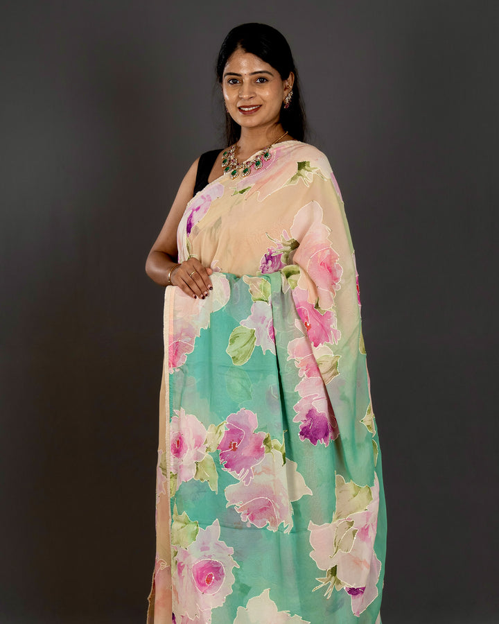 Pure Georgette Floral Saree with Thread Embroidery and Micro Sequins
