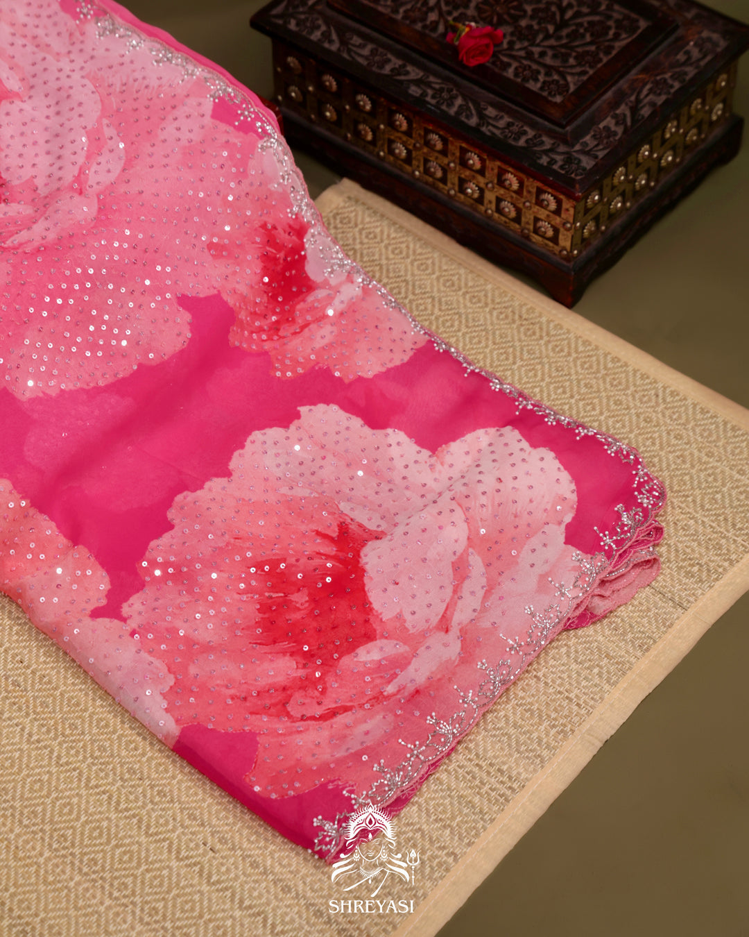Blush Pink Pure Georgette Saree with Hand Embroidered Sequins and Cutdana Work