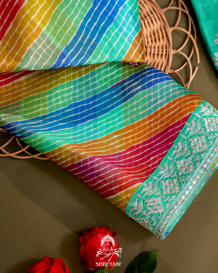 Pure Organza Silk Saree in Multicolor Leheriya with Mint Embroidered Border