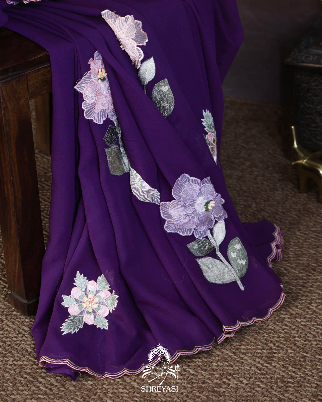 Handloom Pure Chiffon Saree with 3D Appliqué Embroidery