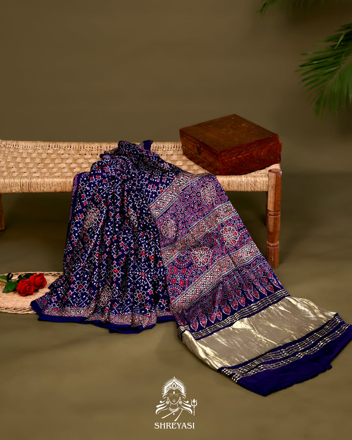 Pure Modal Silk Ajrakh Saree with Swarovski Crystal Embroidery