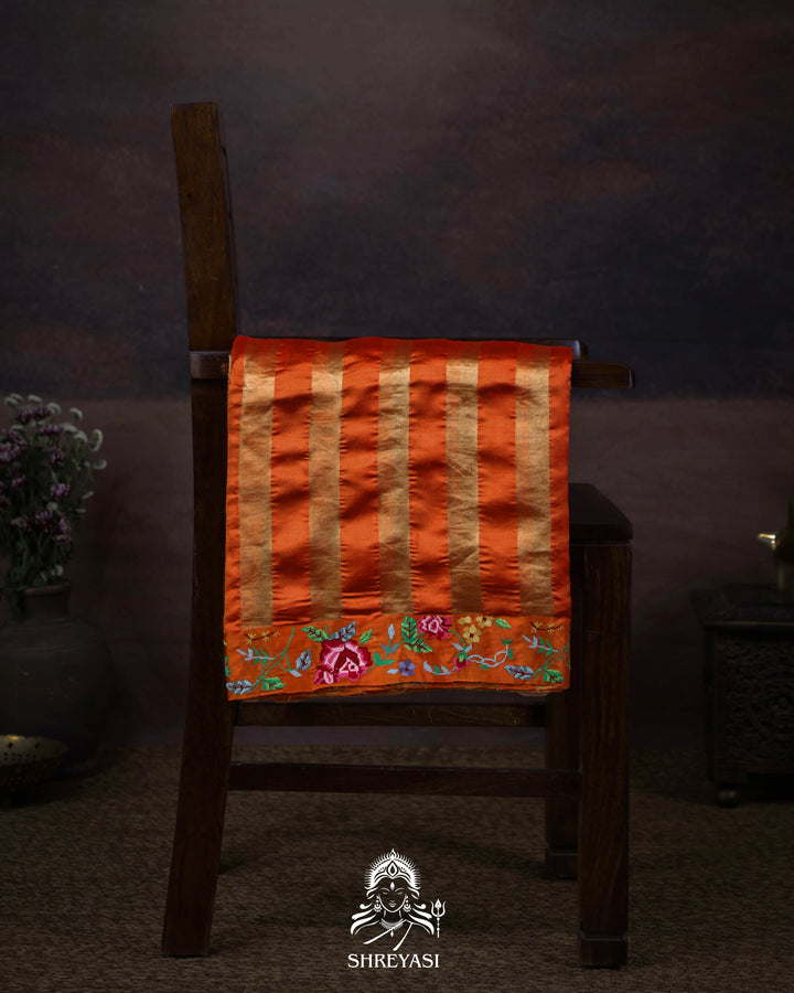 Handloom Pure Banarasi Tissue Stripes Saree with Petit Point Embroidered Borders