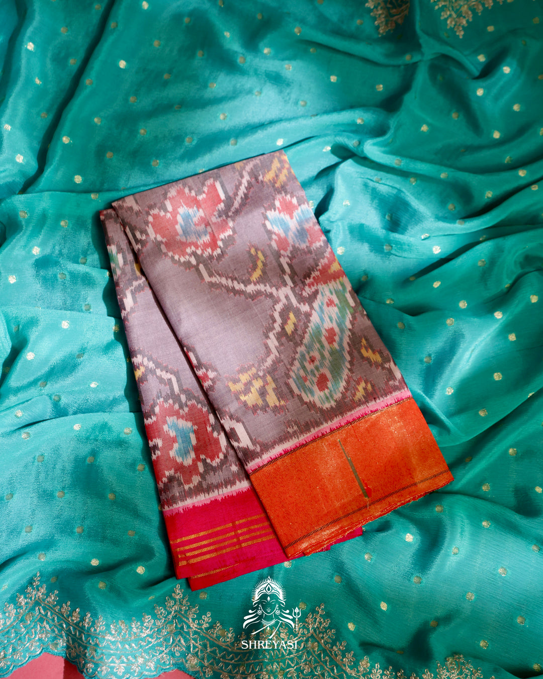 Embroidered Crepe Satin Saree with Patola Paithani Blouse