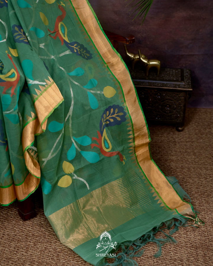 Handwoven Pure Ponduru Khadi Jamdani Saree with All-Over Peacock Vine Weave