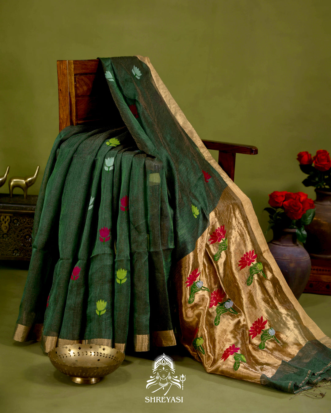 Handloom Silk Linen Jamdani Saree with Tissue Paithani Pallu