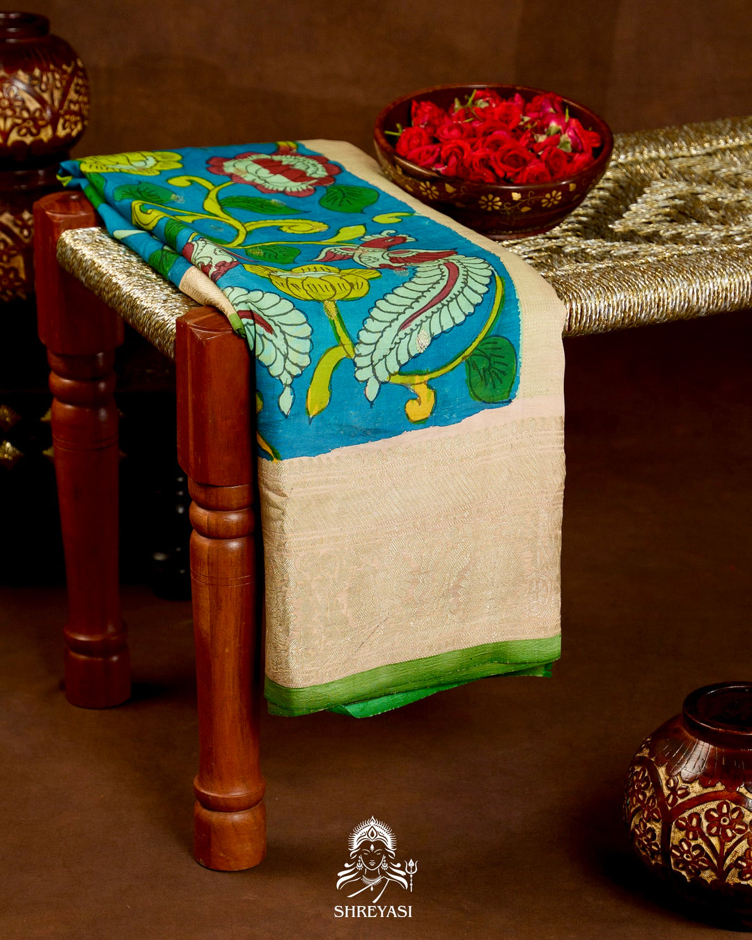 Handloom Pure Gadwal Silk Saree with Hand Painted Pen Kalamkari and Silver Zari Borders