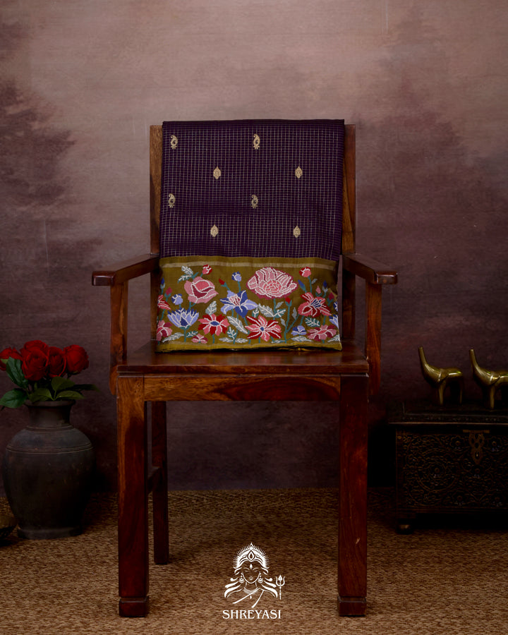 Handloom Pure Kanjivaram Silk Saree with Petit Point Embroidery