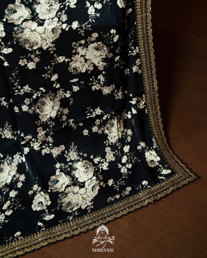 Midnight Noir Pure Chinon Satin Saree with Embroidered Borders
