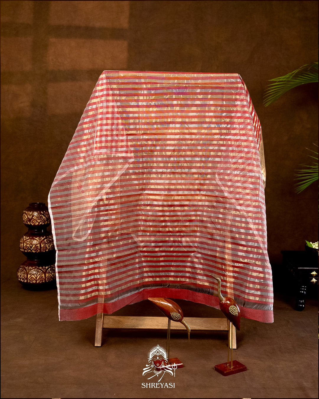 Handloom Pure Chanderi Tissue Silk Saree with Woven Bhutis and Striped Blouse