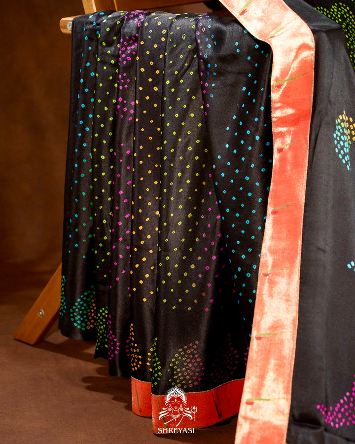 Handloom Pure Gaji Silk Bandhej Saree with Pure Paithani Border