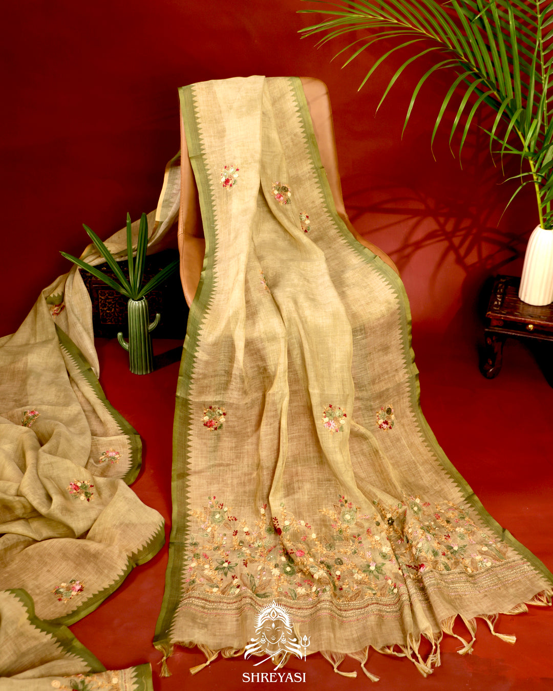 Bengal linen saree with resham floral embroidery, embroidered borders and pallu, and scattered floral motifs