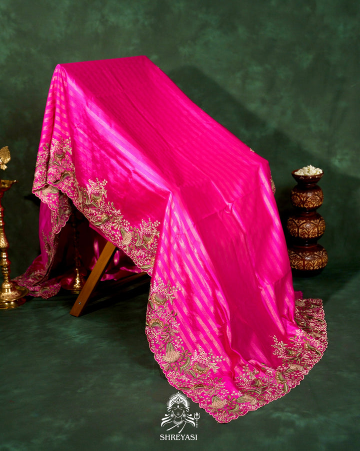 Handloom Pure Banarasi Silk Saree with Zari Stripes and Fine Resham Thread Embroidery