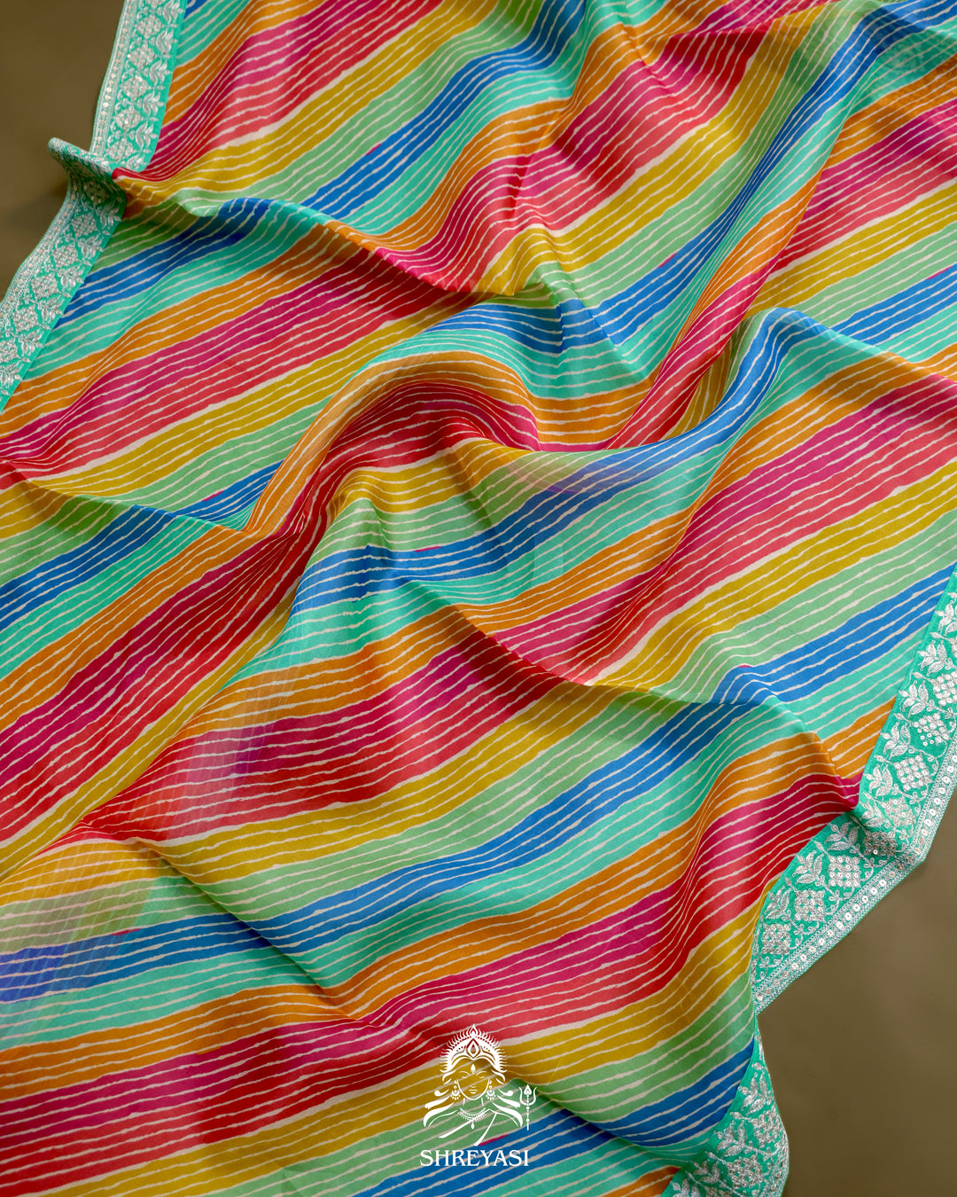 Pure Organza Silk Saree in Multicolor Leheriya with Mint Embroidered Border