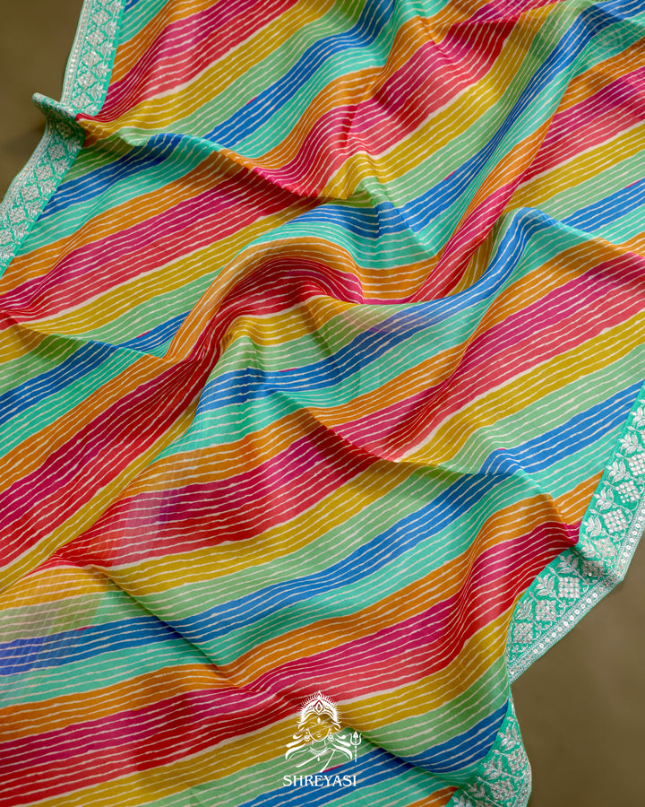 Pure Organza Silk Saree in Multicolor Leheriya with Mint Embroidered Border