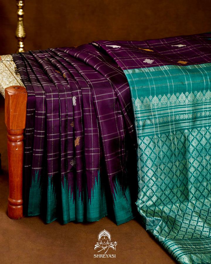 Handloom Pure Gadwal Silk Saree with Kuttu Korvai Border, Zari Checks & Traditional Motifs