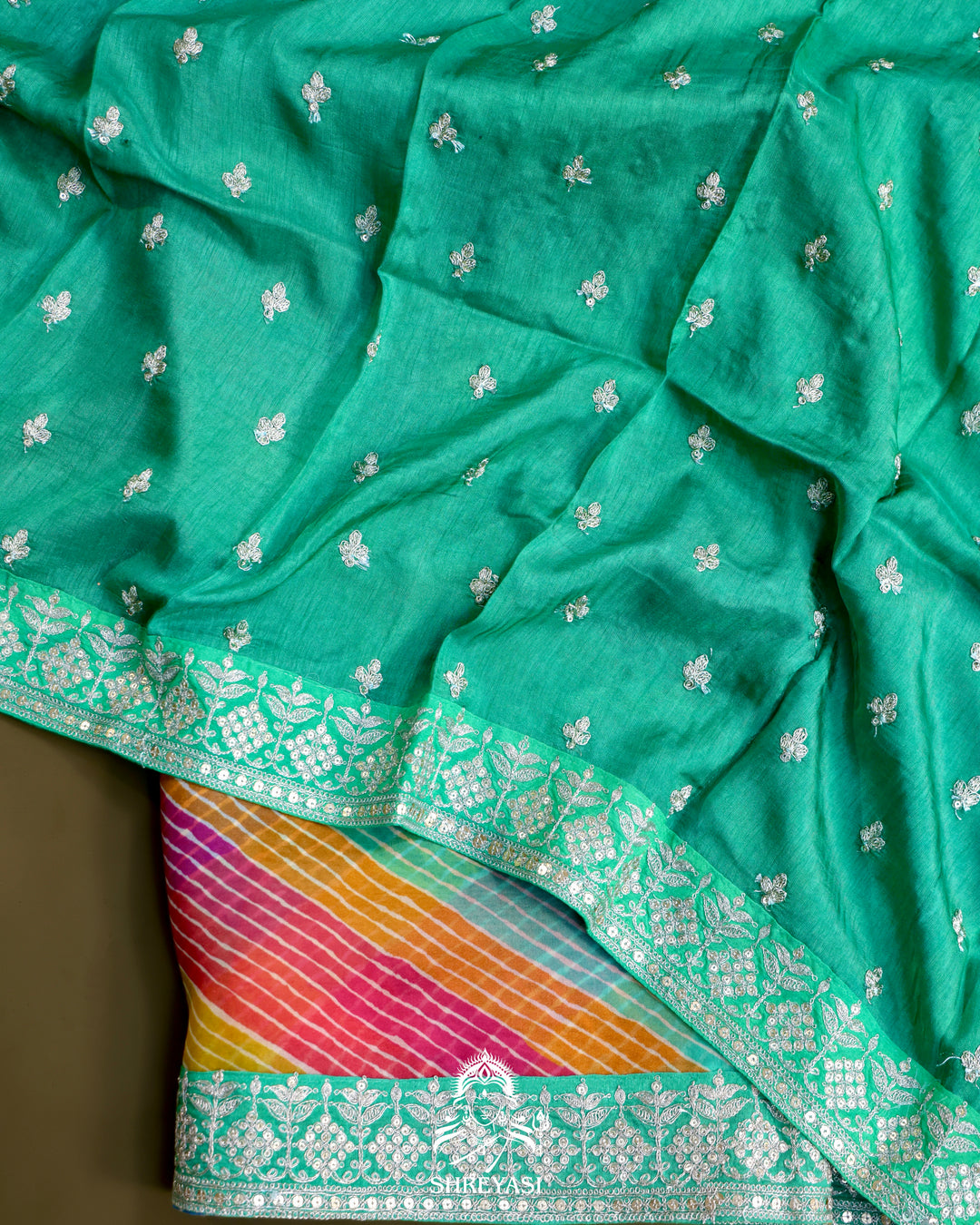 Pure Organza Silk Saree in Multicolor Leheriya with Mint Embroidered Border