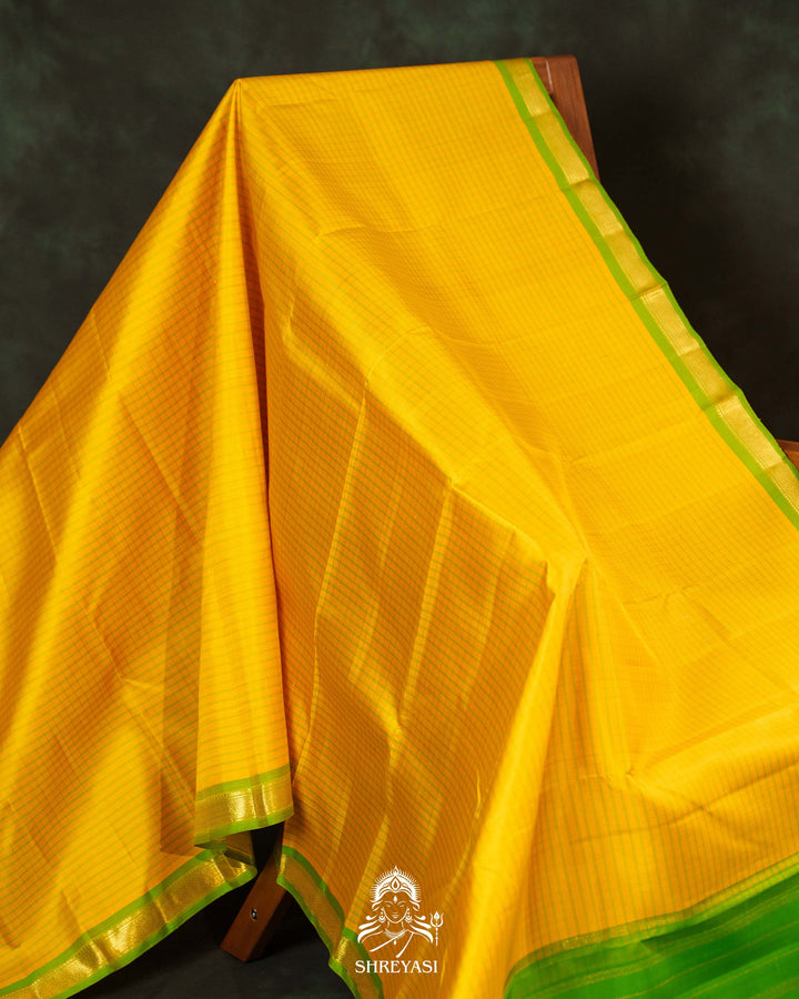 Yellow & Parrot Green Kattam Checks Kanjivaram Silk Saree