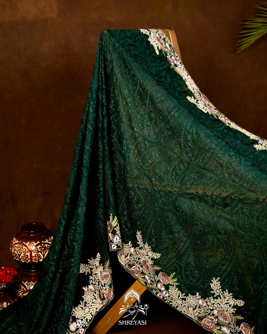Premium Pure Georgette Chikankari Saree in Emerald Green with Embroidered Floral Borders