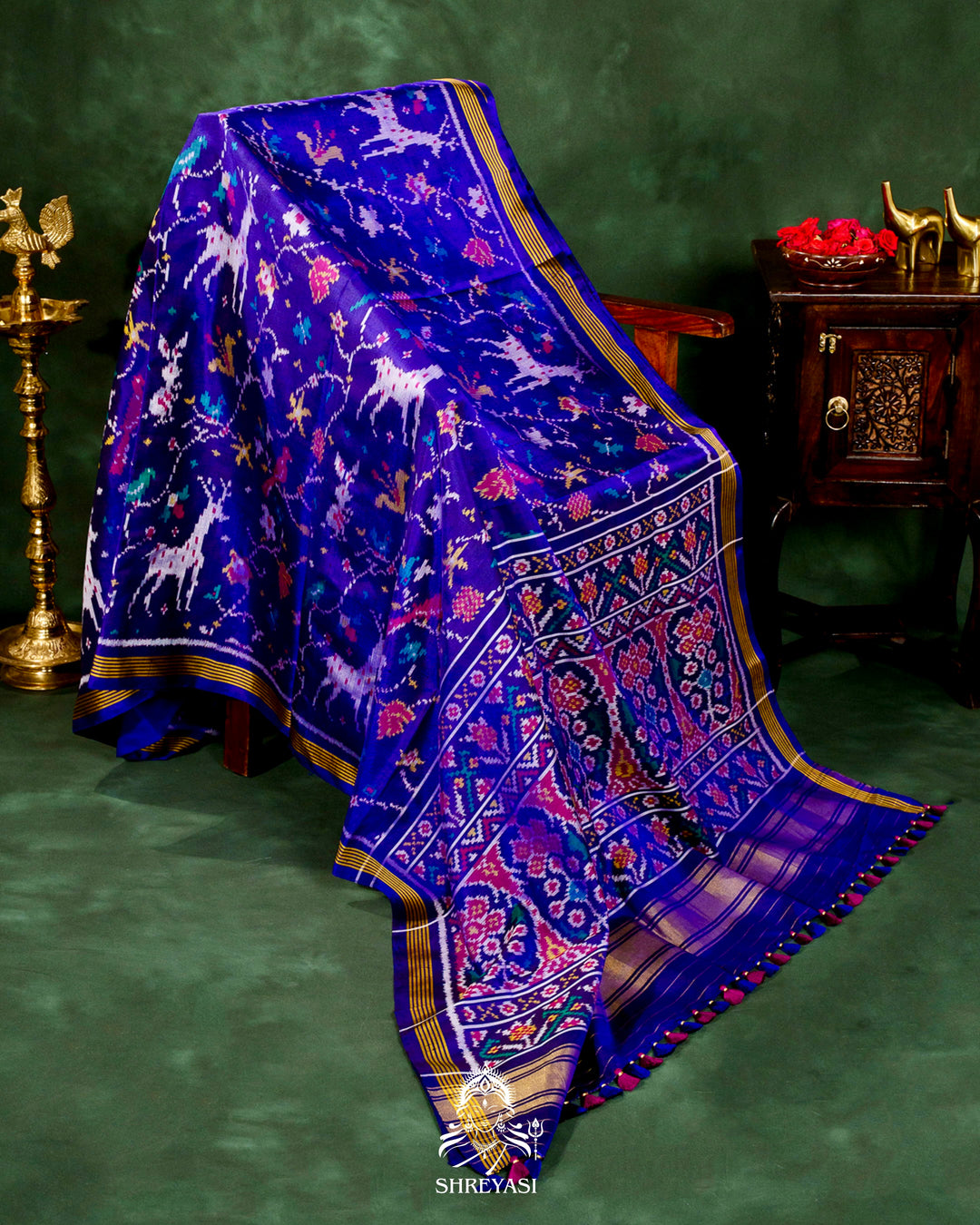 Handloom Pure Rajkot Single Ikat Patola Silk Saree with Hand-Embroidered Raw Silk Blouse
