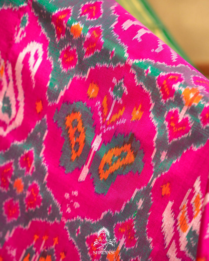 Pink & Green Handloom Pure Pochampally Silk Saree with Kanchi Borders