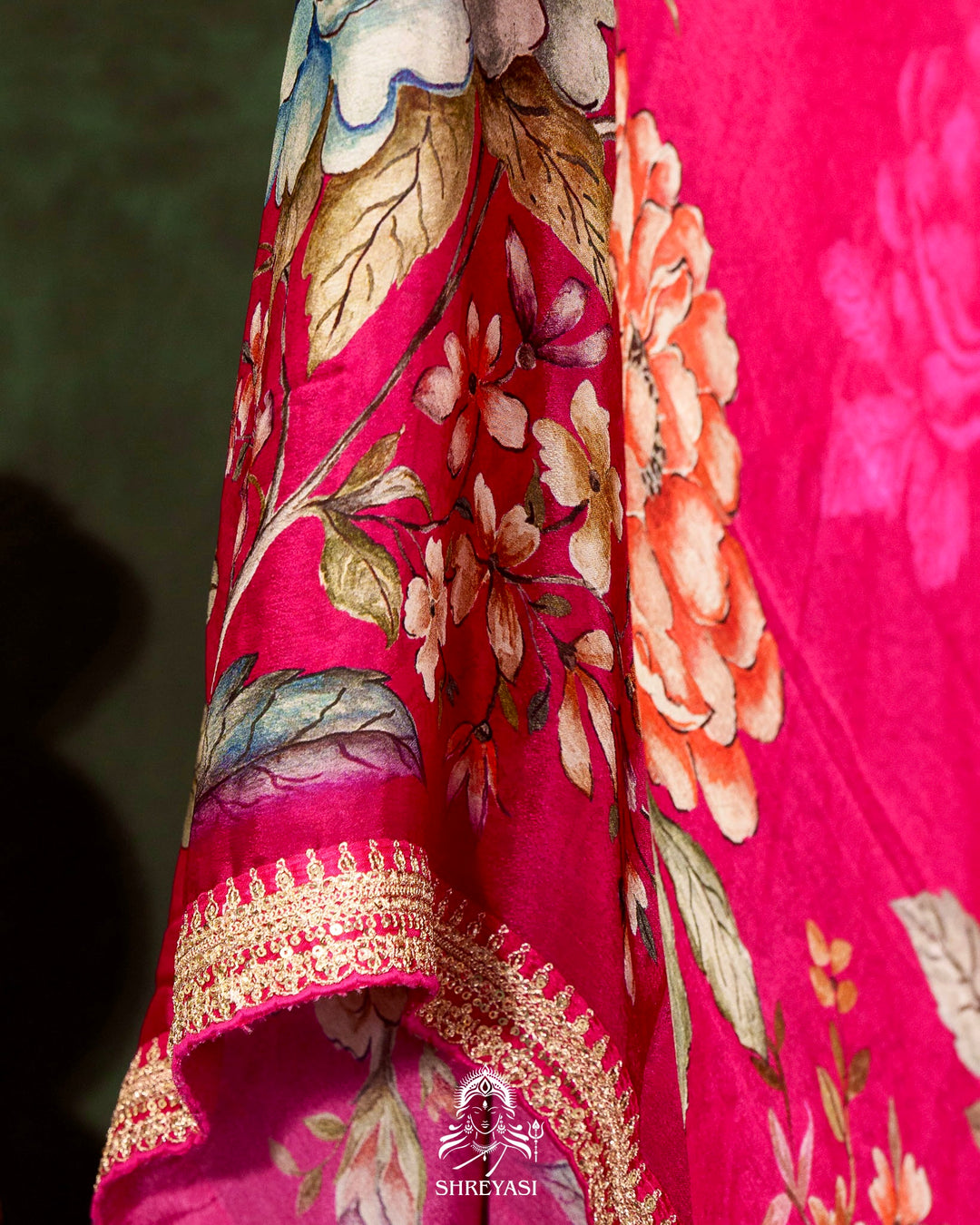 Floral Crepe Chiffon Saree with Embroidered Borders
